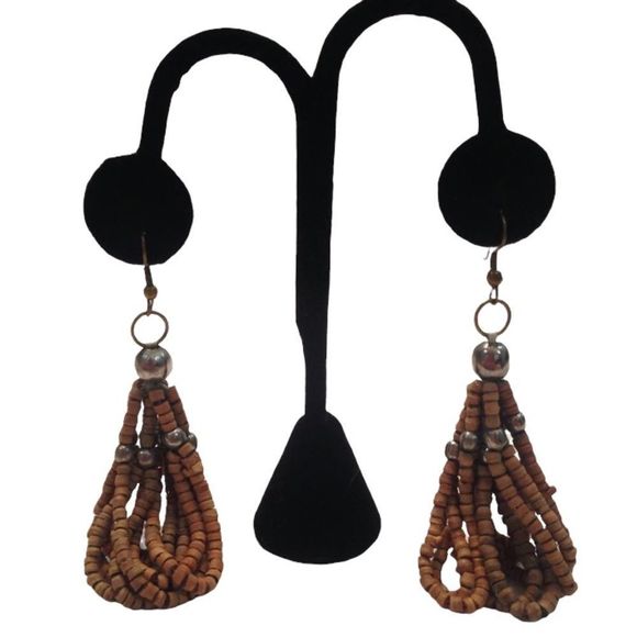 Vintage Wood Bead Dangling Earrings - Picture 2 of 2